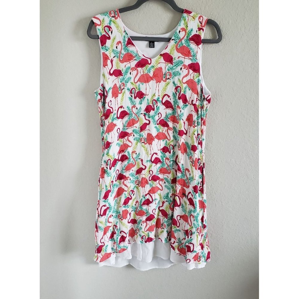 Nina Leonard Woman Size L  Textured Rayon Novelty Flamingo Print Tropical Summer